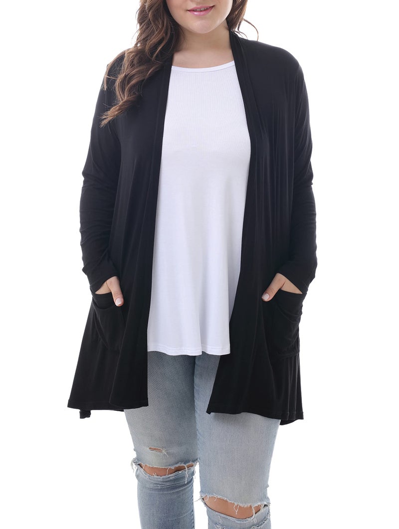 ZERDOCEAN Women's Plus Size Long Sleeve Lightweight Soft Printed Drape Cardigan with Pockets Black 2X - Image 1